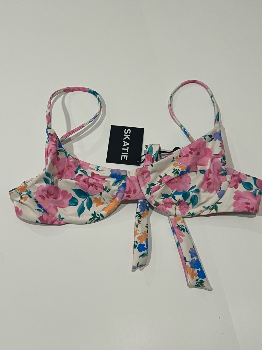 Skatie Floral Tie-Front Bikini Top - Pink, Blue, Green & Orange